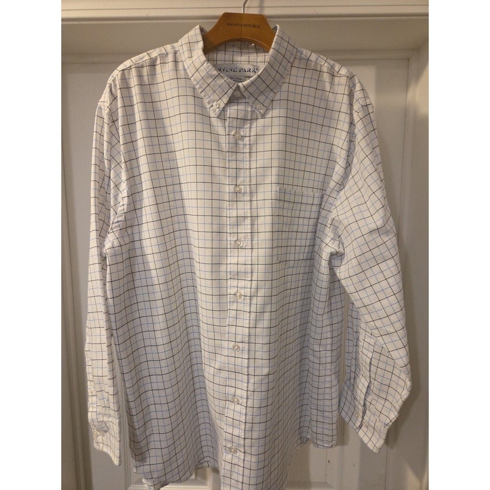 Mens Button Up Shirt Plaid Long Sleeve Pocket Irvine Park TL 17.5 Reg Blue White